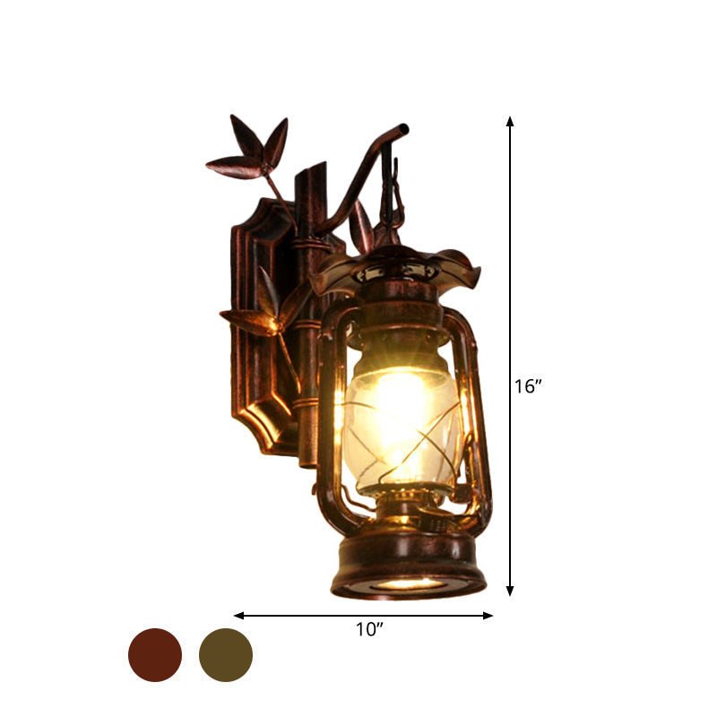 BowLift | Industrial Lantern Wall Lamp 1 Head Clear Glass Wall Plate Lighting Fixture in Bronze/Copper with Metal Bamboo Back Plate