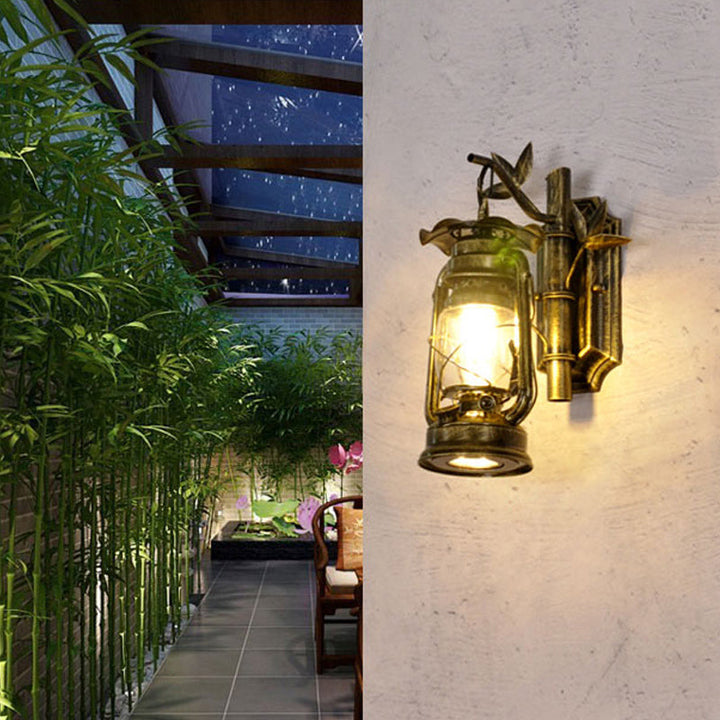BowLift | Industrial Lantern Wall Lamp 1 Head Clear Glass Wall Plate Lighting Fixture in Bronze/Copper with Metal Bamboo Back Plate