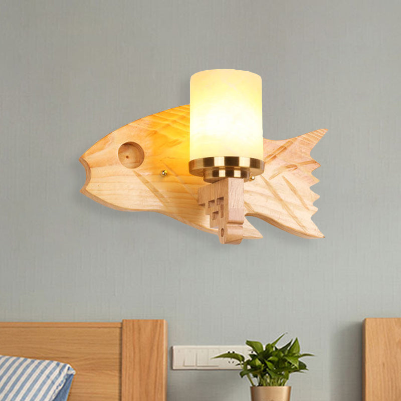 BowLift | Cylinder Wall Mount Light Modernist Broken Glass 1 Light Bedroom Wall Lamp with Fish Wooden Back Plate