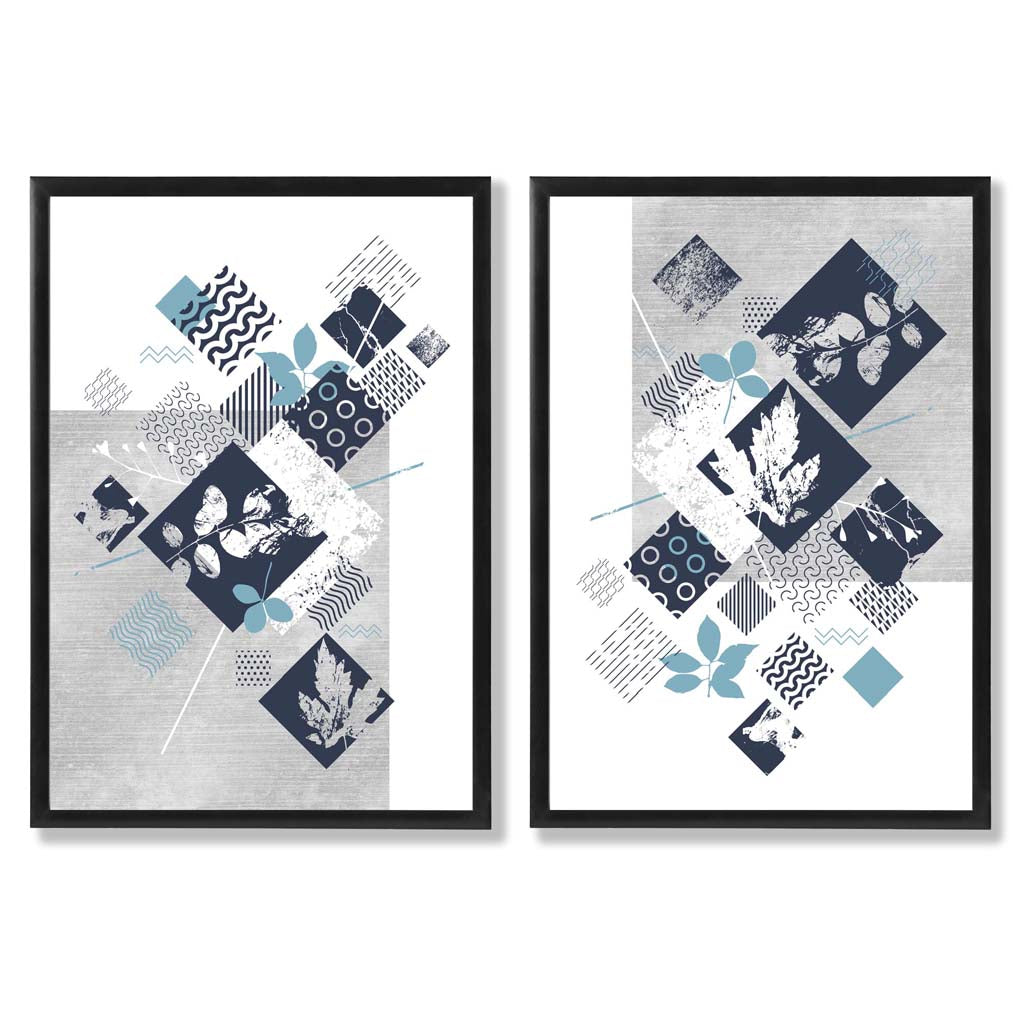Blue and Gray Mixed Media Flower Frame Set of 2 Art Prints | Bowlift