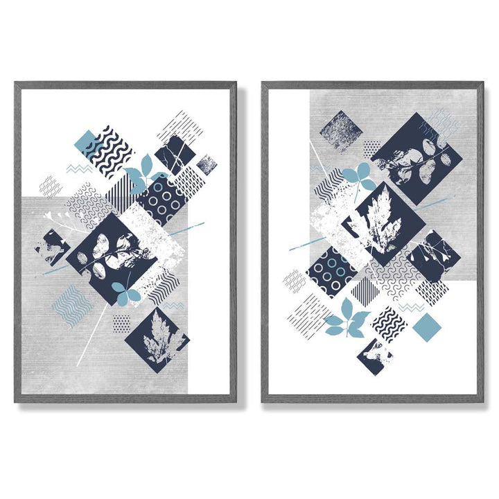 Blue and Gray Mixed Media Flower Frame Set of 2 Art Prints | Bowlift