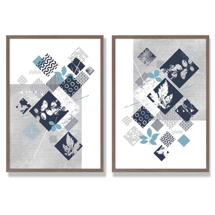 Blue and Gray Mixed Media Flower Frame Set of 2 Art Prints | Bowlift