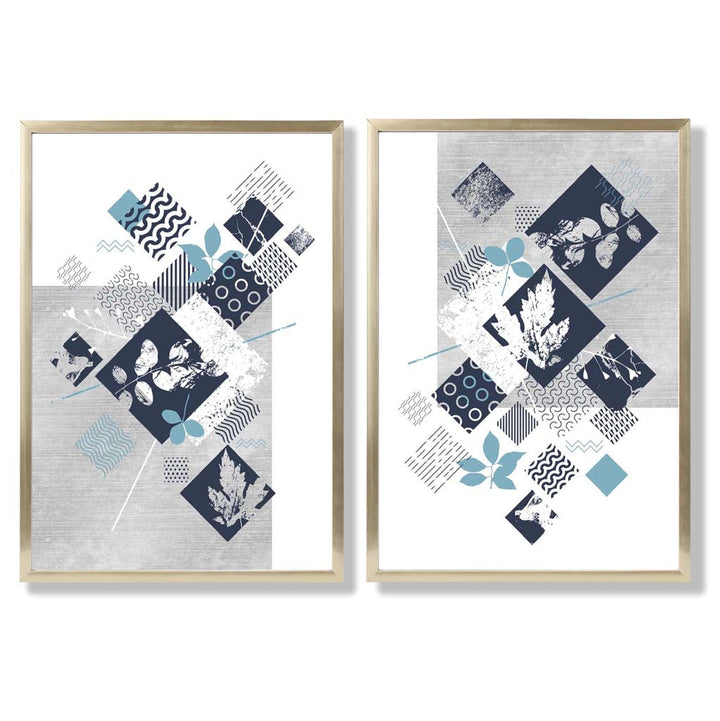 Blue and Gray Mixed Media Flower Frame Set of 2 Art Prints | Bowlift