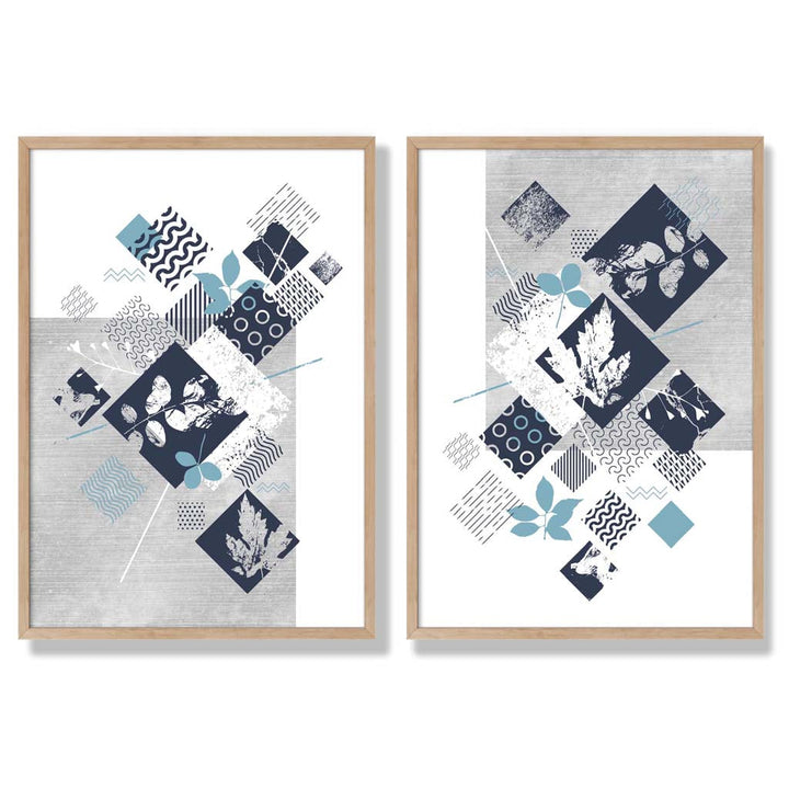 Blue and Gray Mixed Media Flower Frame Set of 2 Art Prints | Bowlift