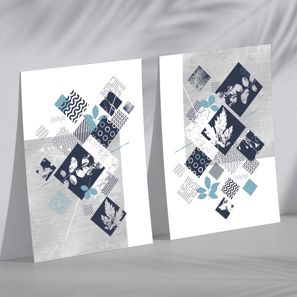 Blue and Gray Mixed Media Flower Frame Set of 2 Art Prints | Bowlift