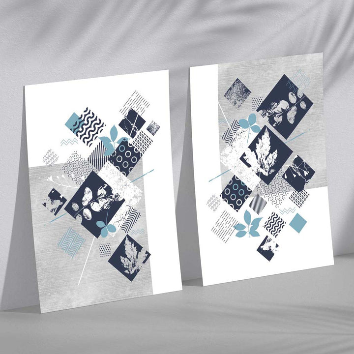 Blue and Gray Mixed Media Floral Set of 2 Art Prints | Bowlift