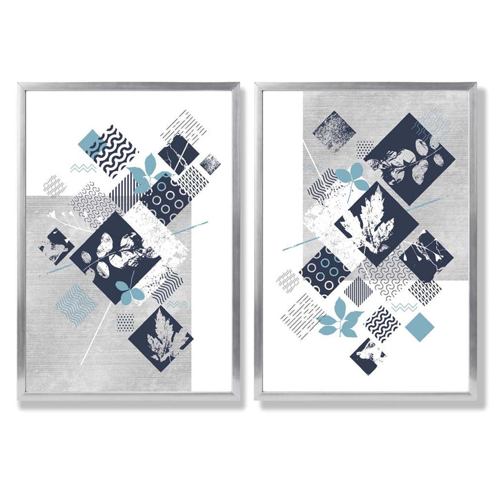 Blue and Gray Mixed Media Flower Frame Set of 2 Art Prints | Bowlift