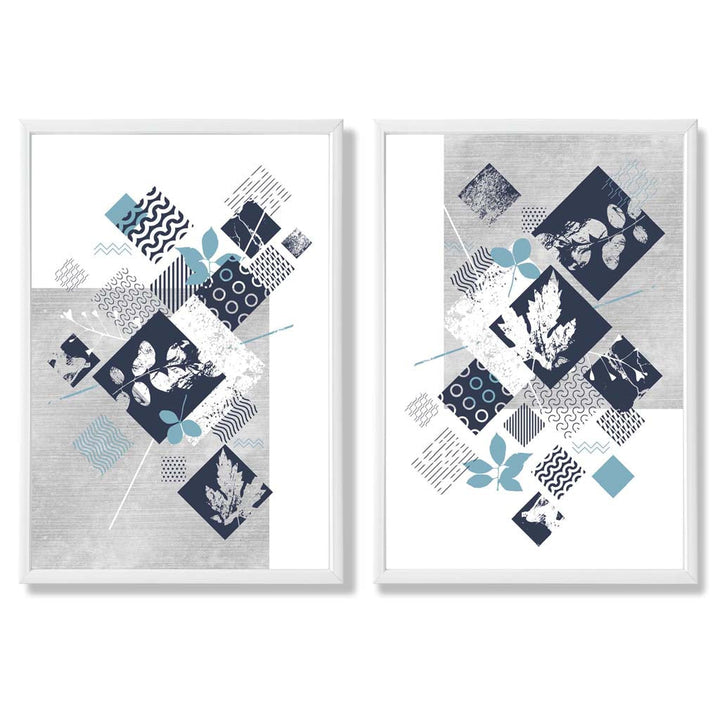 Blue and Gray Mixed Media Flower Frame Set of 2 Art Prints | Bowlift