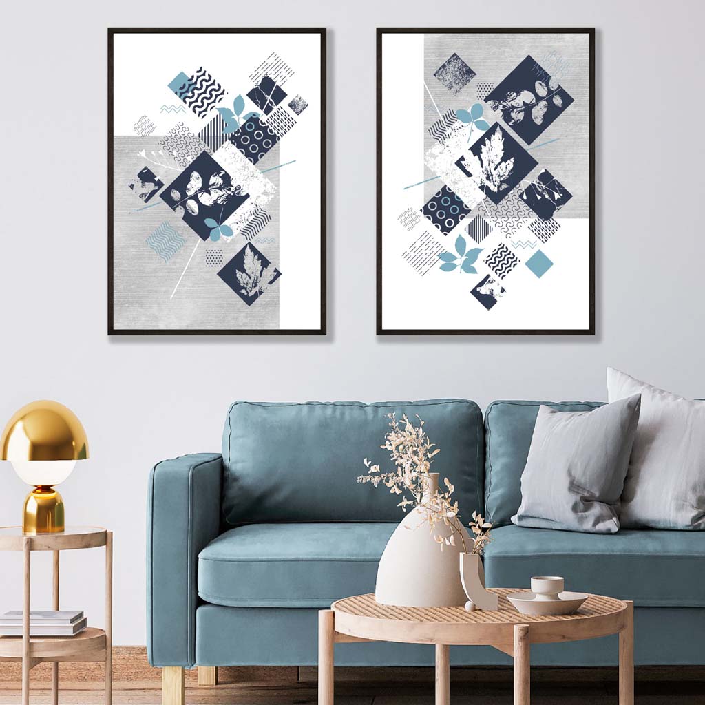 Blue and Gray Mixed Media Floral Set of 2 Art Prints | Bowlift