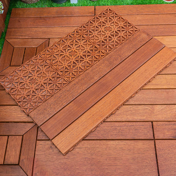 BowLift | Classic wooden deck tiles connecting composite patio tiles