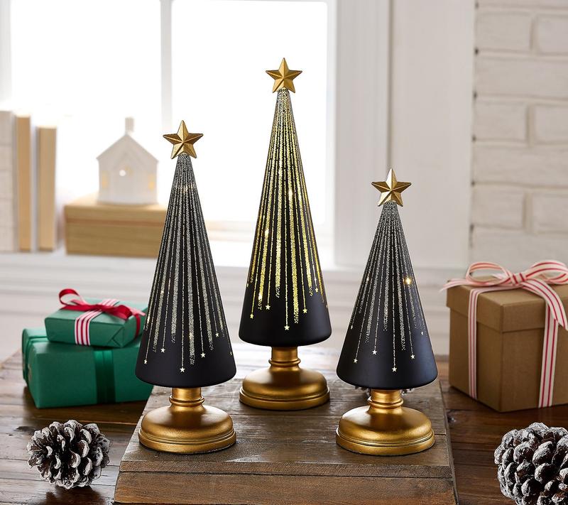 BowLift | Illuminated Christmas Trees Set | Starry Night Design | With Timer | Battery Operated | For Indoor Use