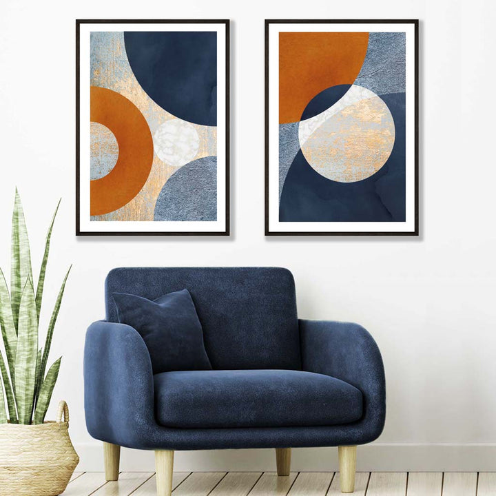 Blue and Orange Mixed Media Set of 2 Art Prints | Bowlift