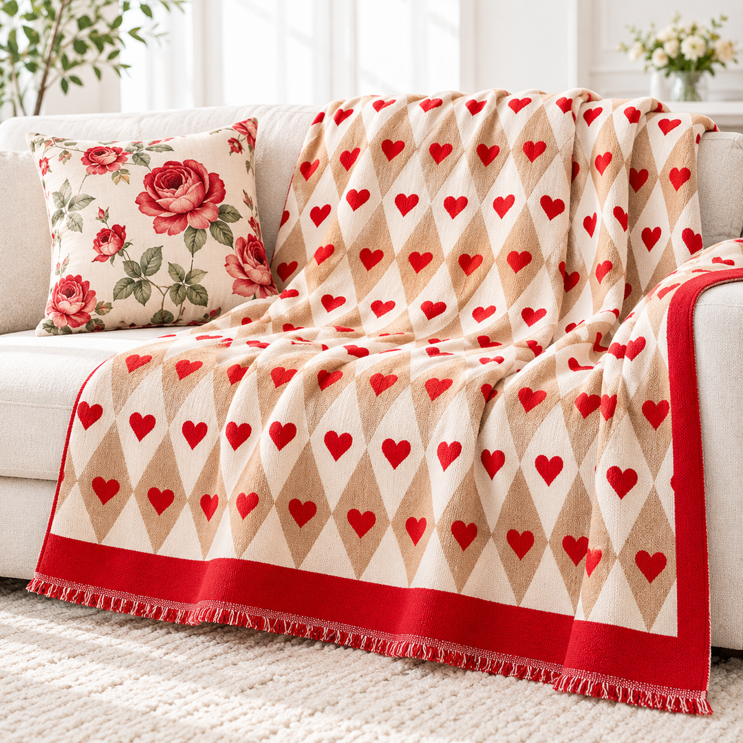 Decorative Reversible Jacquard Heart Pattern Sofa Throw Cover Bowlift