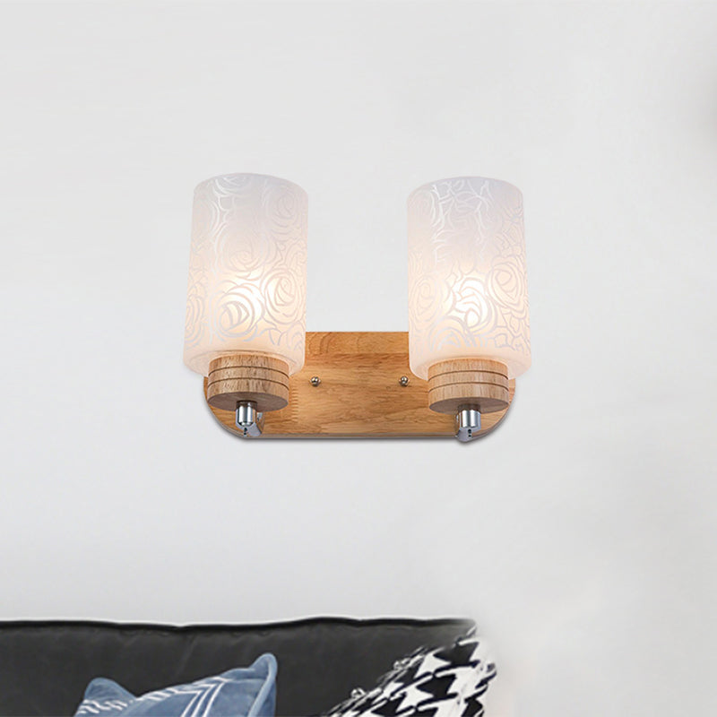 BowLift | White Glass Cylinder Wall Light Sconces Modern 2 Heads Wood Wall Mount Lamp Holder with Rose Pattern