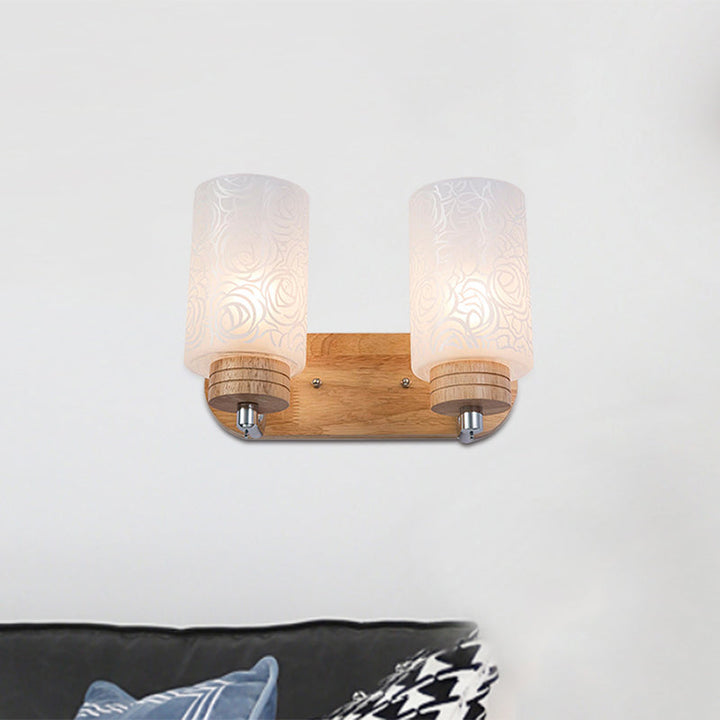 BowLift | White Glass Cylinder Wall Light Sconces Modern 2 Heads Wood Wall Mount Lamp Holder with Rose Pattern