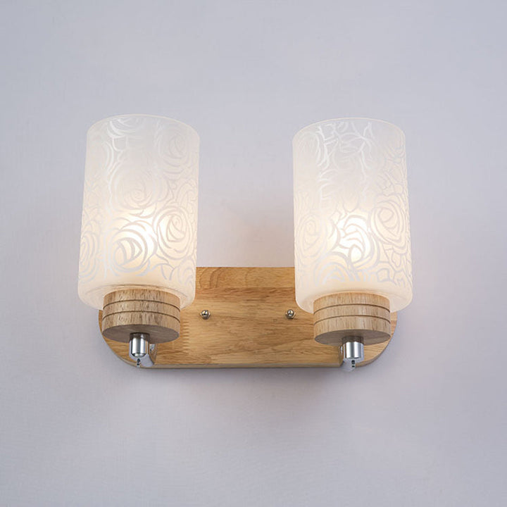 BowLift | White Glass Cylinder Wall Light Sconces Modern 2 Heads Wood Wall Mount Lamp Holder with Rose Pattern