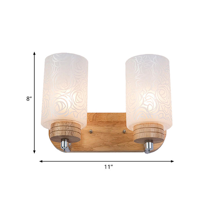 BowLift | White Glass Cylinder Wall Light Sconces Modern 2 Heads Wood Wall Mount Lamp Holder with Rose Pattern