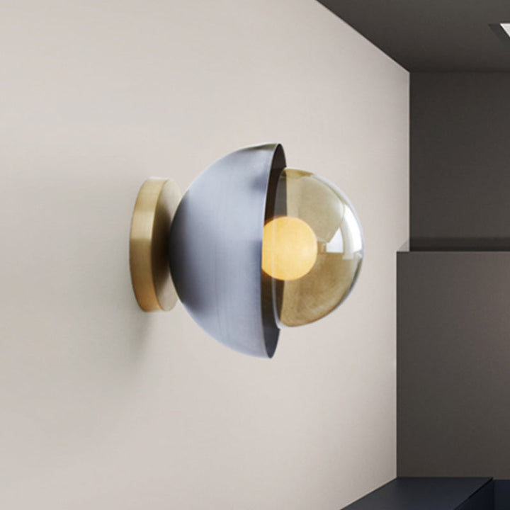 BowLift | Metallic Half-Moon Wall Lamp Modernist 1-Light Brass/Chrome Wall Light with Orb Tan Glass Shade for Hallway