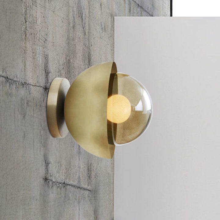 BowLift | Metallic Half-Moon Wall Lamp Modernist 1-Light Brass/Chrome Wall Light with Orb Tan Glass Shade for Hallway