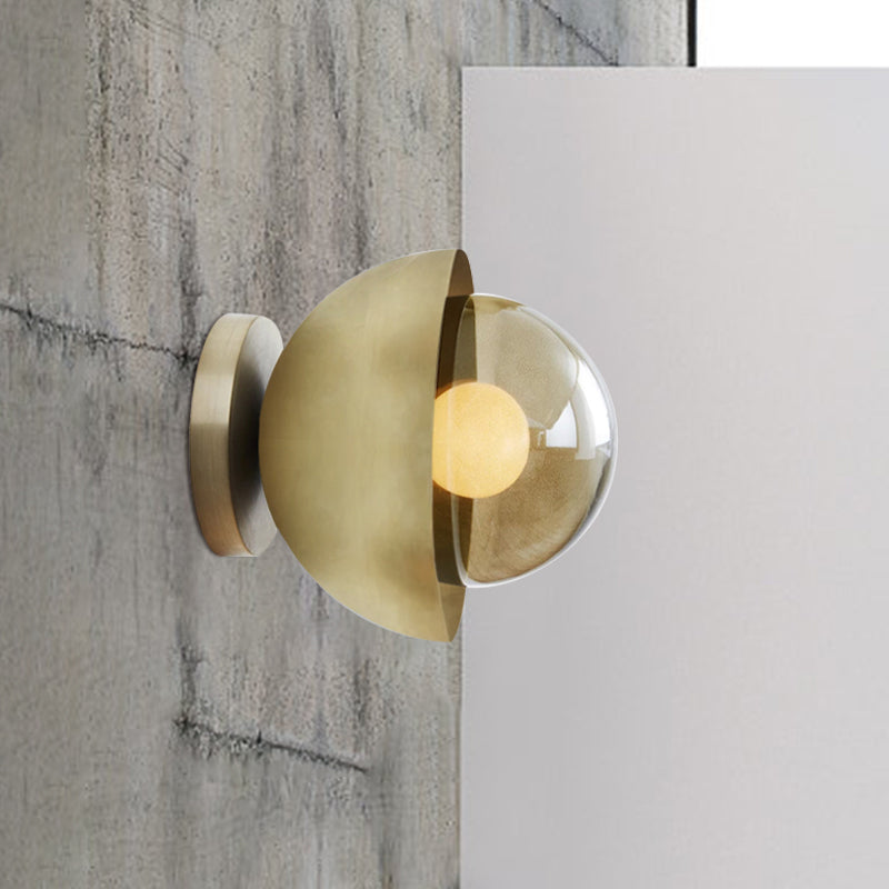 BowLift | Metallic Half-Moon Wall Lamp Modernist 1-Light Brass/Chrome Wall Light with Orb Tan Glass Shade for Hallway