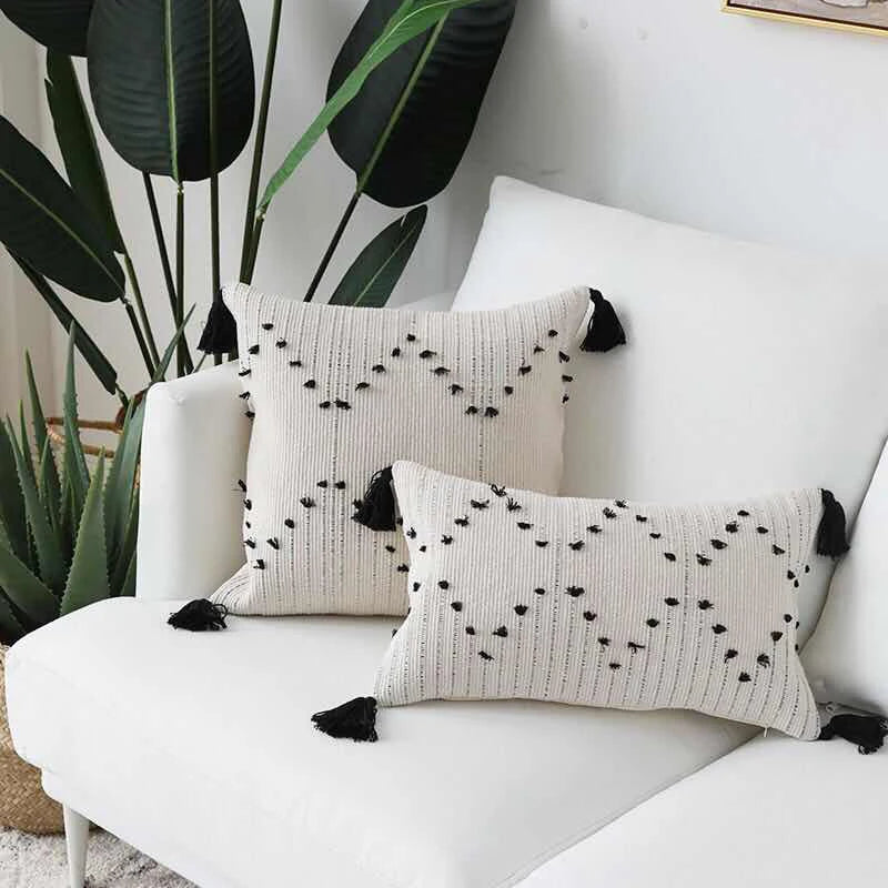BowLift | White and Black Geometric Cushion Cover with Tassels