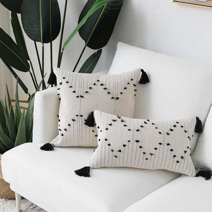 BowLift | White and Black Geometric Cushion Cover with Tassels