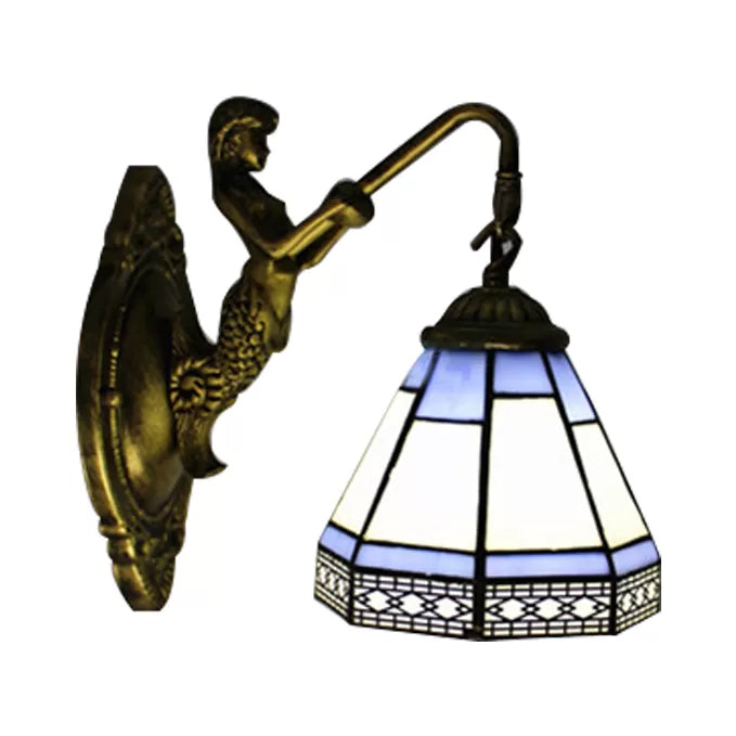 BowLift | Cone Wall Lamp Fixture 1 Head Blue/Green/Amber Glass Tiffany Wall Lamp with Mermaid Backplate