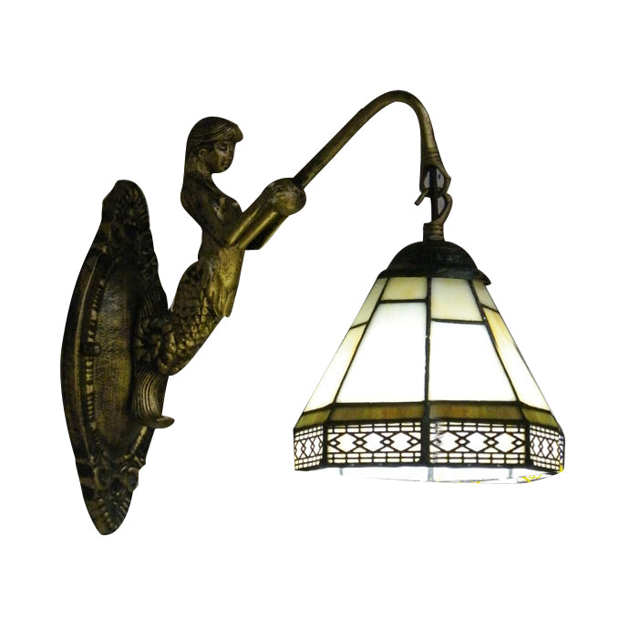 BowLift | Cone Wall Lamp Fixture 1 Head Blue/Green/Amber Glass Tiffany Wall Lamp with Mermaid Backplate