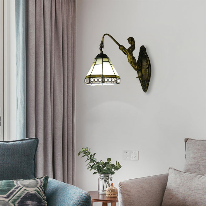 BowLift | Cone Wall Lamp Fixture 1 Head Blue/Green/Amber Glass Tiffany Wall Lamp with Mermaid Backplate