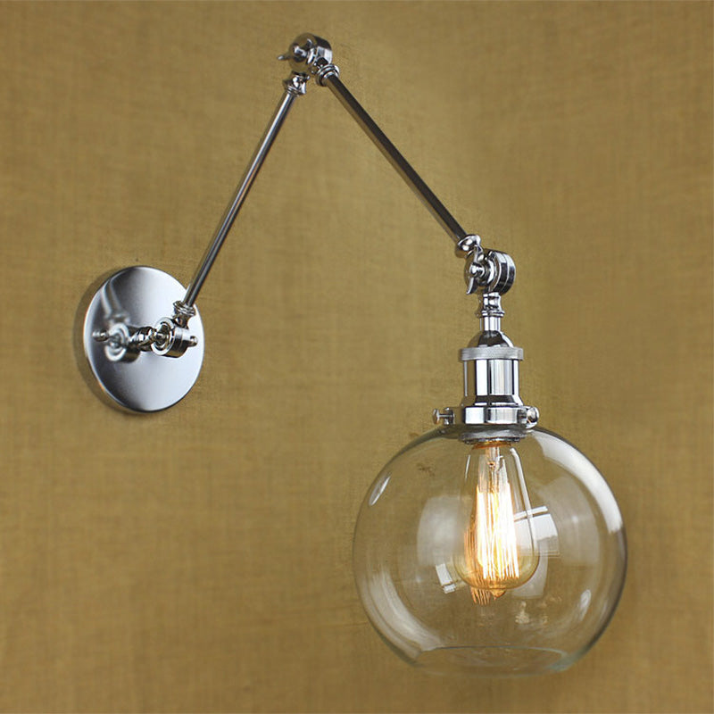 BowLift | A wall lamp with a glass globe shade, clear glass, industrial dining room wall light with swivel arm