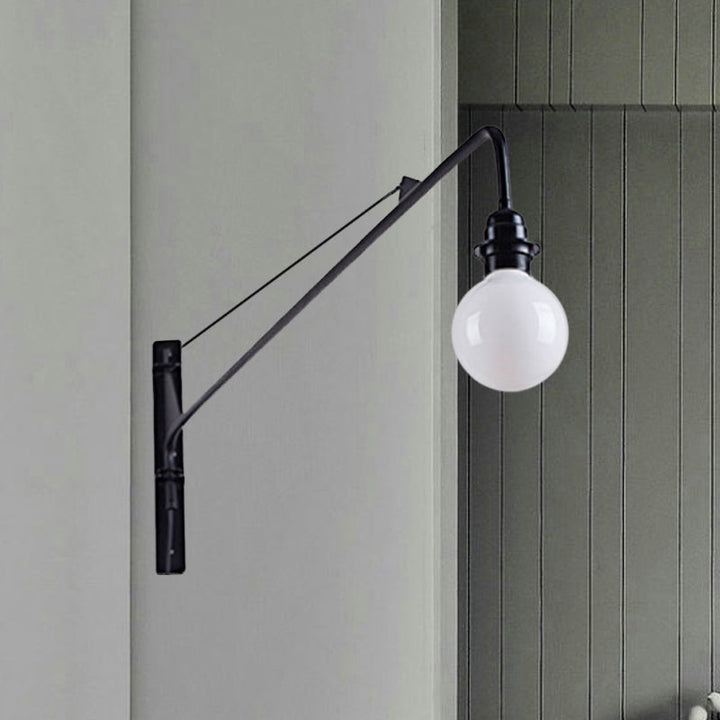 BowLift | Metal Long Arm Wall Lamp with Bare Bulb Industrial Style 1 Light Study Room Sconces Lighting in Black