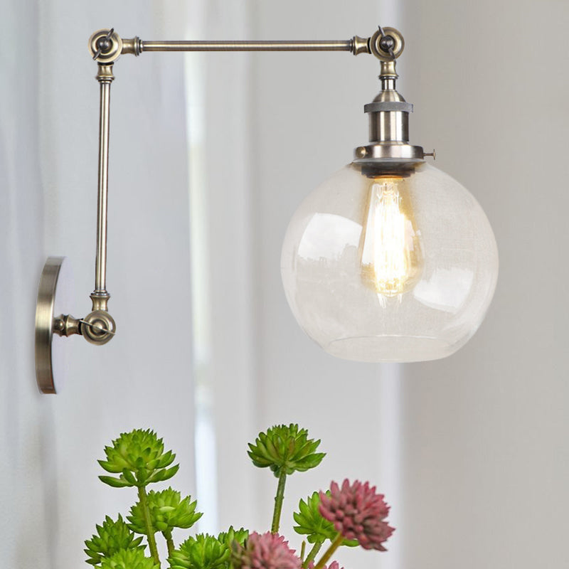BowLift | Rustic Globe Wall Lighting Fixture 1 Bulb Clear Glass Sconces Light in Antique Brass