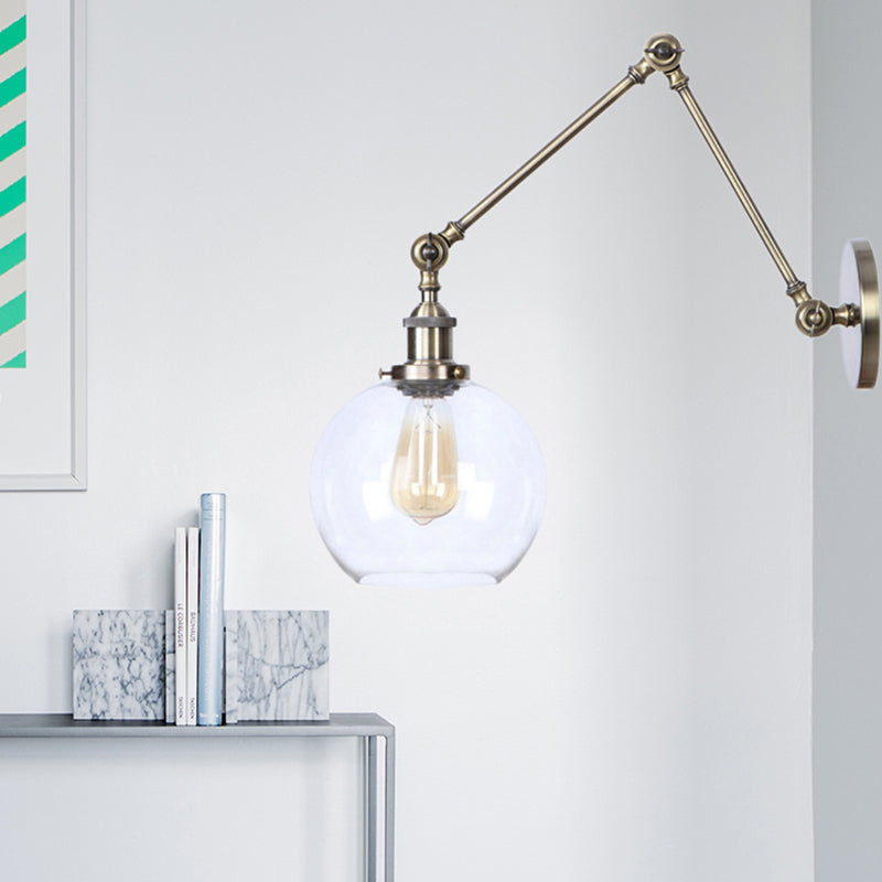 BowLift | Rustic Globe Wall Lighting Fixture 1 Bulb Clear Glass Sconces Light in Antique Brass