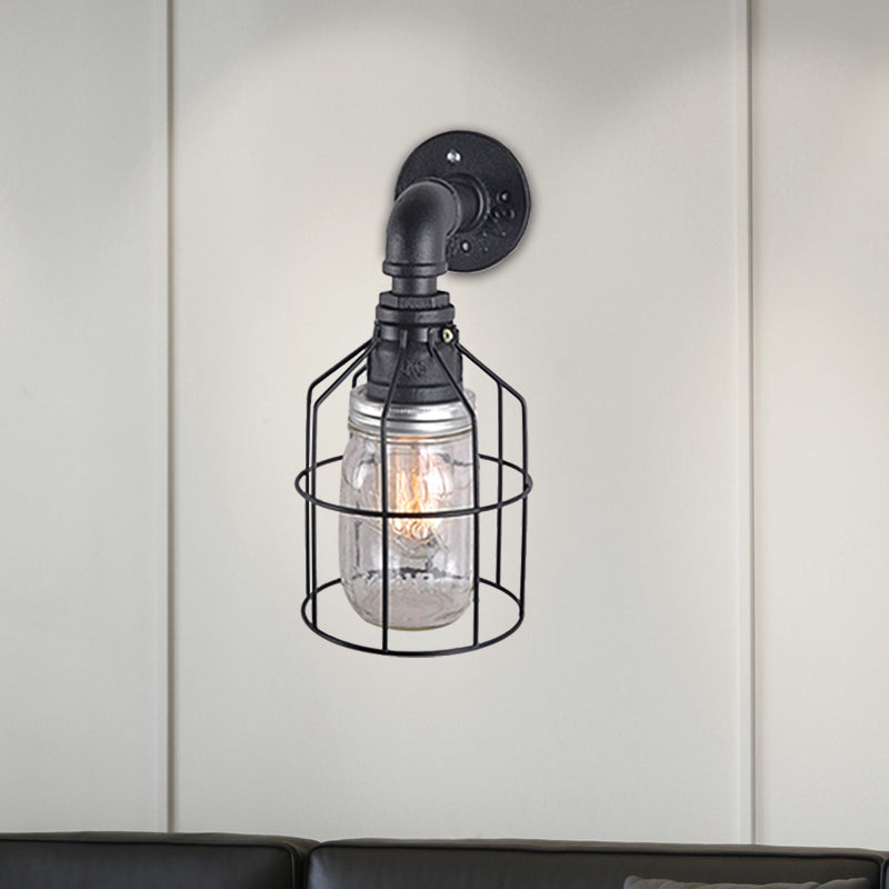 BowLift | Blue/Clear Glass Shade Wall Lamp with Wire Cage Industrial Style Glass 1 Bulb Restaurant Wall Light