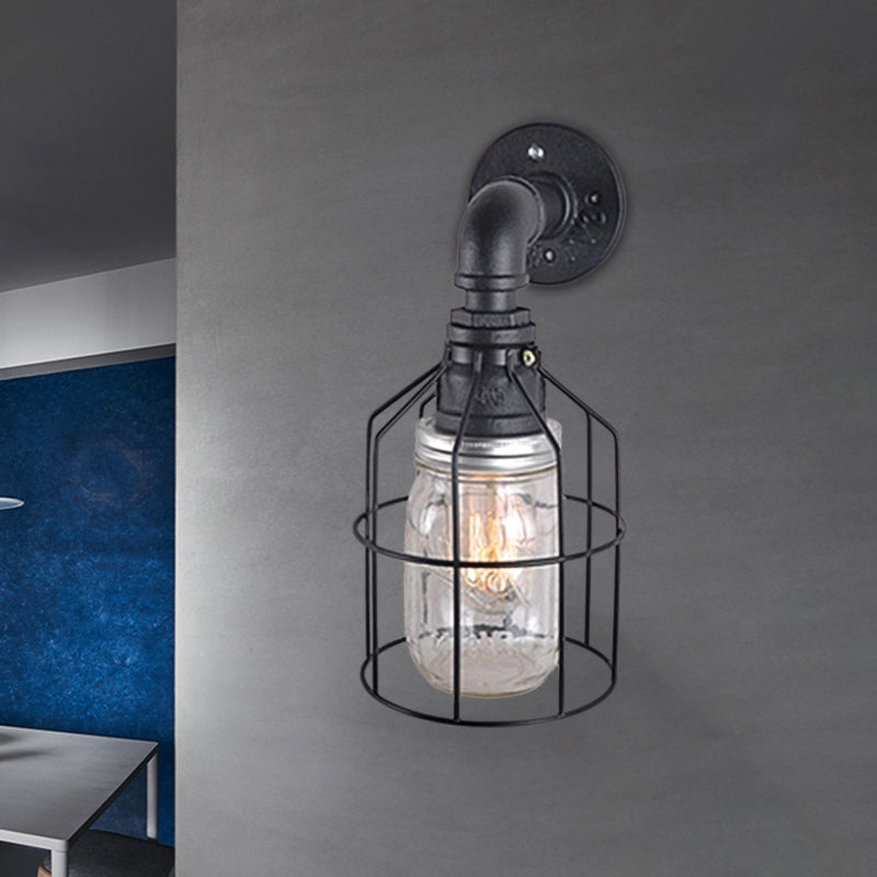 BowLift | Blue/Clear Glass Shade Wall Lamp with Wire Cage Industrial Style Glass 1 Bulb Restaurant Wall Light