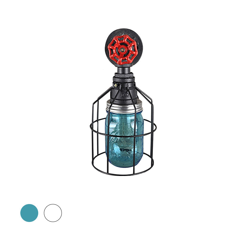 BowLift | Vintage Caged Wall Lamp with Inner Pot Shade and Red Flap 1 Light Glass Wall Lighting in Blue/Transparent