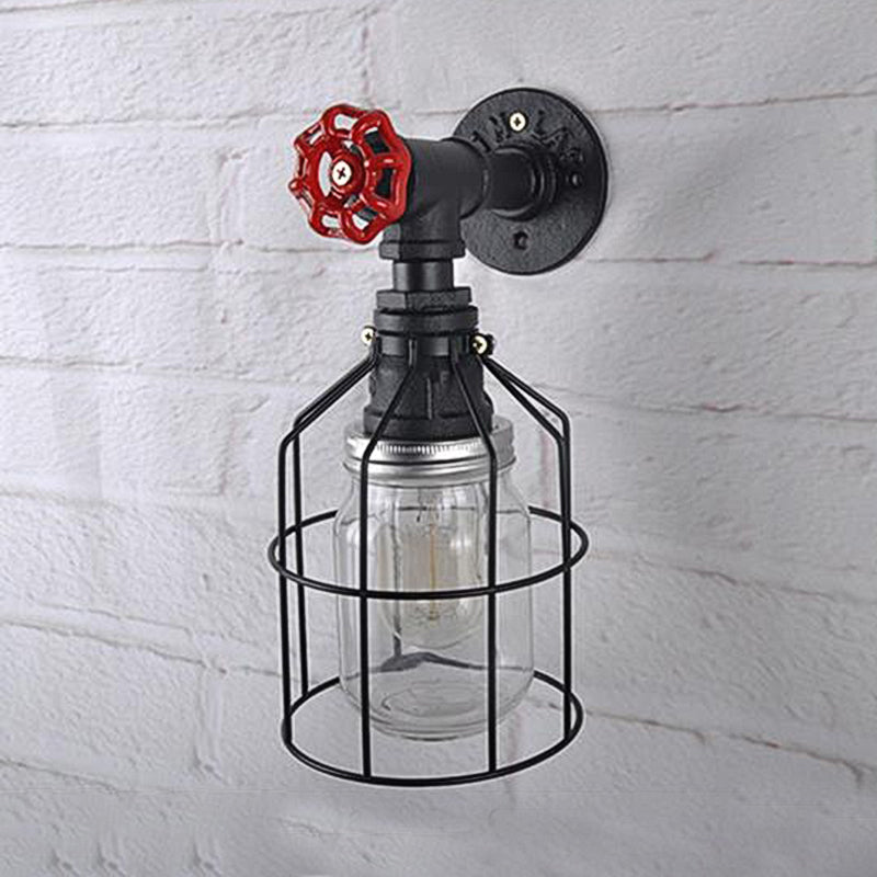 BowLift | Vintage Caged Wall Lamp with Inner Pot Shade and Red Flap 1 Light Glass Wall Lighting in Blue/Transparent