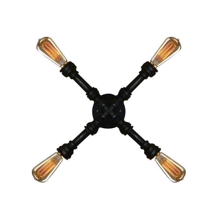 BowLift | 4 bulbs X-shaped wall lighting with water pipe industrial black finish wrought iron wall lamp