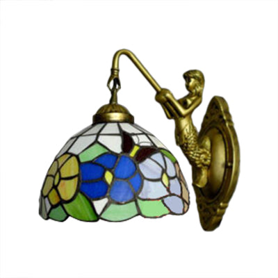 BowLift | Dome Wall Lamp Fixture Baroque Spotted Glass 1 Head Bronze Wall Lamp with Flower/Dragonfly/Morning Glory Pattern