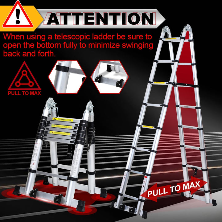 5M Aluminum Telescopic Ladder Folding Ladder with Wheels and Triangle Stabilizer | Bowlift