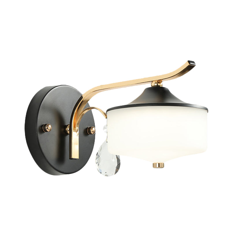 BowLift | Drum Indoor Wall Lamp Opal Glass 1 Light Postmodern LED Wall Lighting in Black and Gold with Crystal Drops