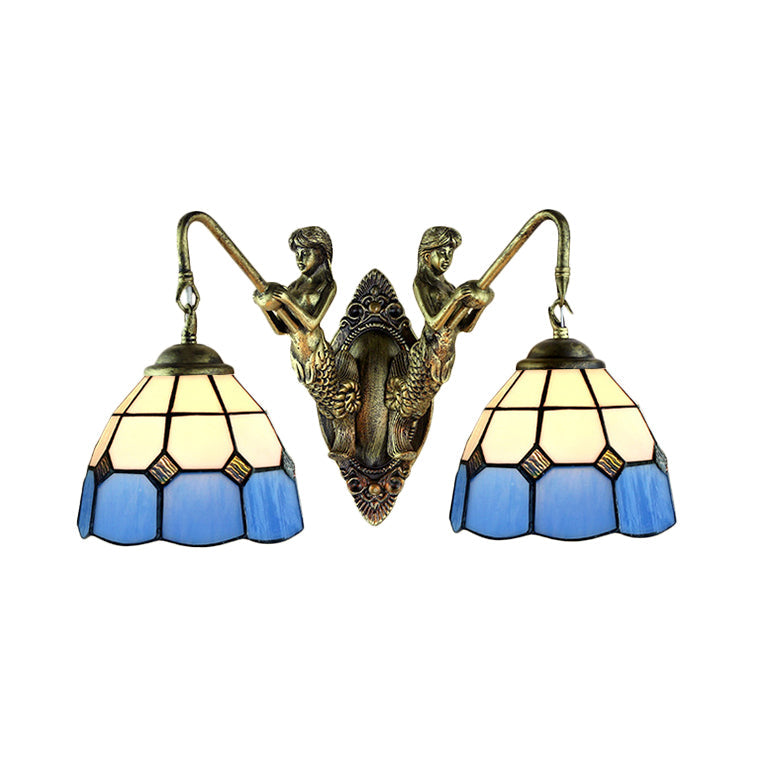 BowLift | 2 Heads Wall Mounted Lamp Tiffany Dome/Cone Multicolored Glass Wall Light made of Brass with Gemstone/Rhombus/Circle Pattern