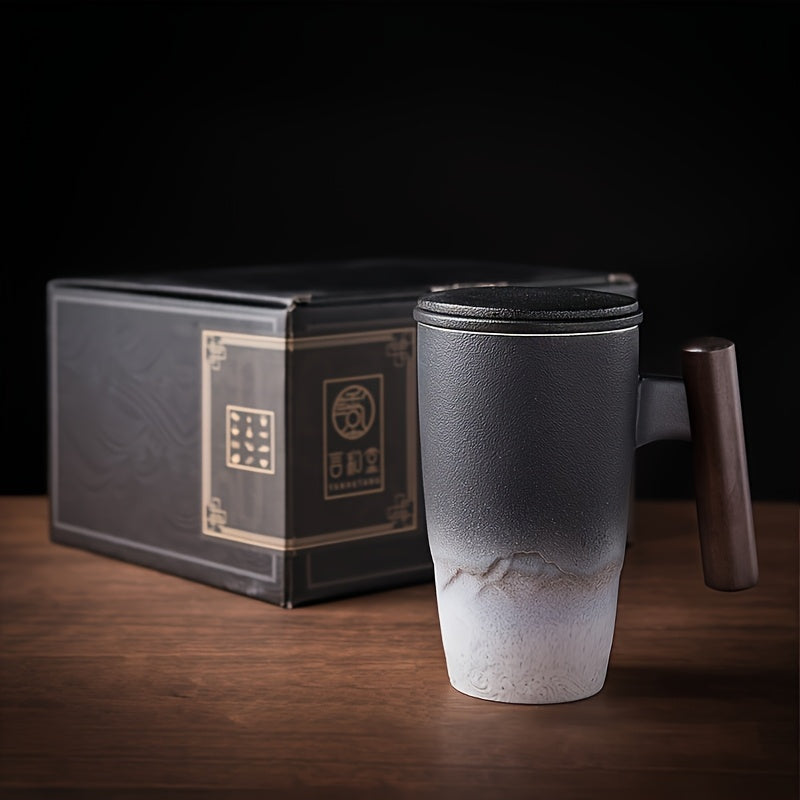 BowLift | TeaCraft Ceramic Mug | Handmade | With Tea Infuser & Wooden Handle | Retro Design