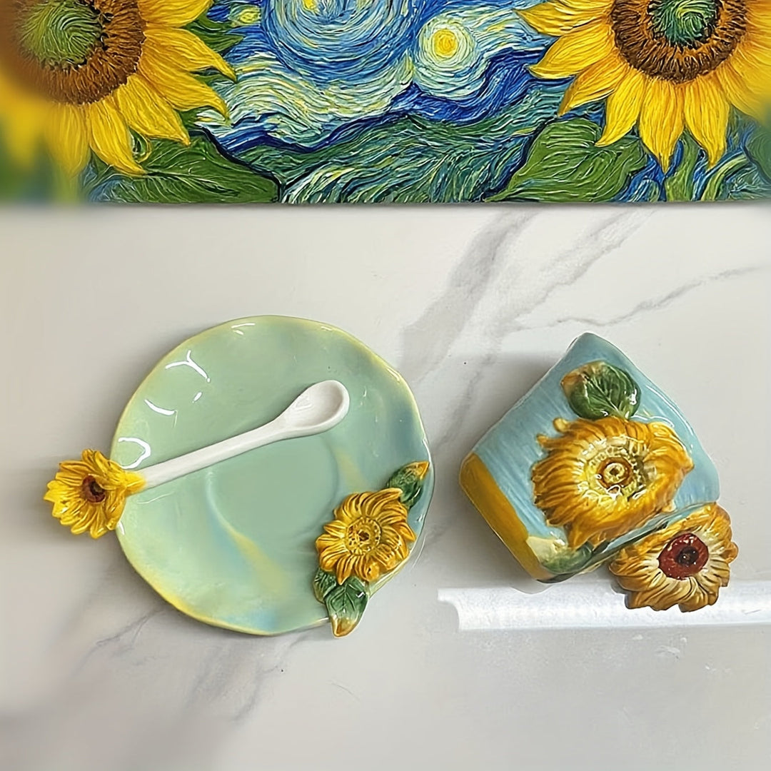 ArtSip Ceramic Mug & Saucer Set – Hand-painted 3D Design inspired by Van Gogh | Bowlift