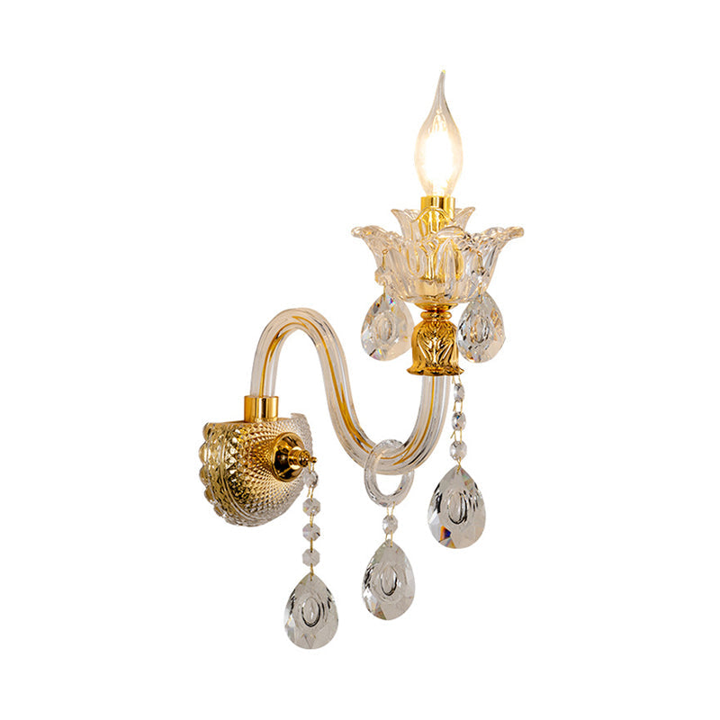 BowLift | 1/2-Bulb Clear Glass Coated Wall Light Vintage Gold Candle Style Lounge Wall Light with Curved Arm