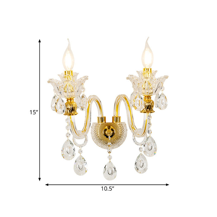 BowLift | 1/2-Bulb Clear Glass Coated Wall Light Vintage Gold Candle Style Lounge Wall Light with Curved Arm