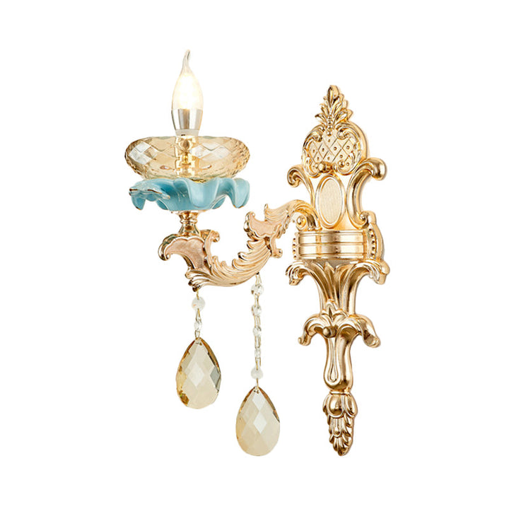 BowLift | Antiqued Candle Holder Wall Mount Lamp 1/2-Light K9 Crystal Wall Sconce with Ceramic Plastic in Gold