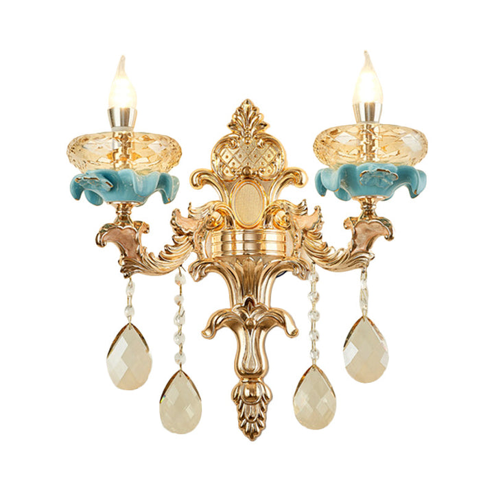 BowLift | Antiqued Candle Holder Wall Mount Lamp 1/2-Light K9 Crystal Wall Sconce with Ceramic Plastic in Gold