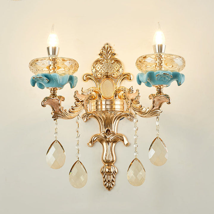 BowLift | Antiqued Candle Holder Wall Mount Lamp 1/2-Light K9 Crystal Wall Sconce with Ceramic Plastic in Gold