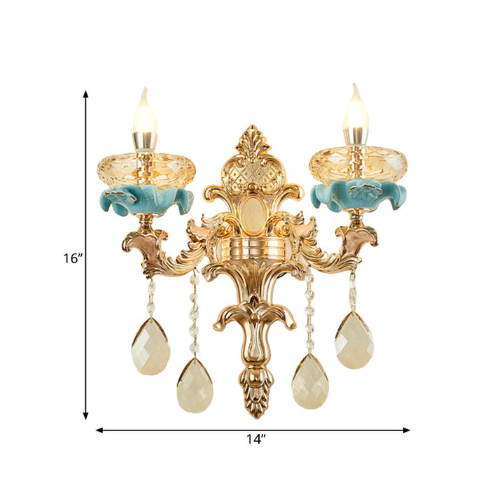 BowLift | Antiqued Candle Holder Wall Mount Lamp 1/2-Light K9 Crystal Wall Sconce with Ceramic Plastic in Gold
